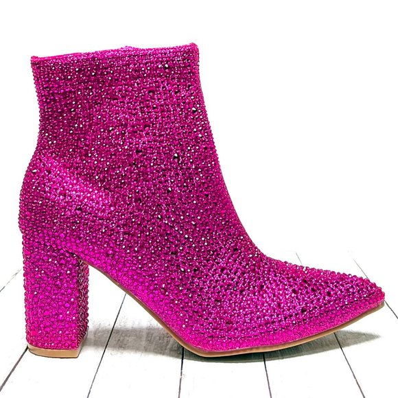 Restocked New Fuchsia Pink Rhinestone Pointed Toe Chunky Heel Ankle Boots Bootie - Picture 2 of 9